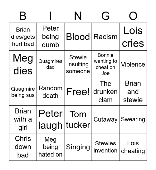 Family guy bingo Card