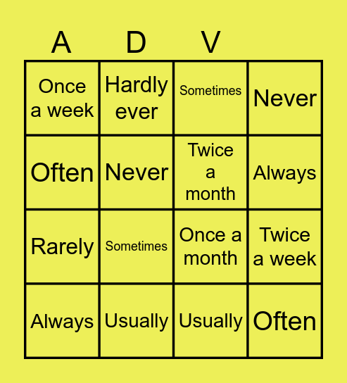 Adverbs of frequency Bingo Card