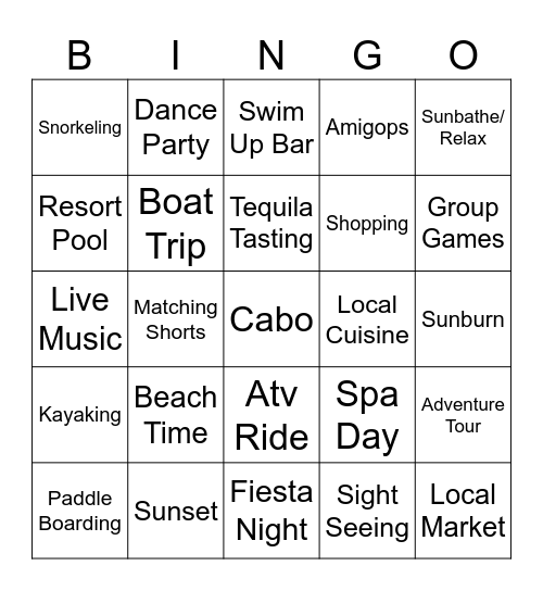 Cabo Trip Bingo Card