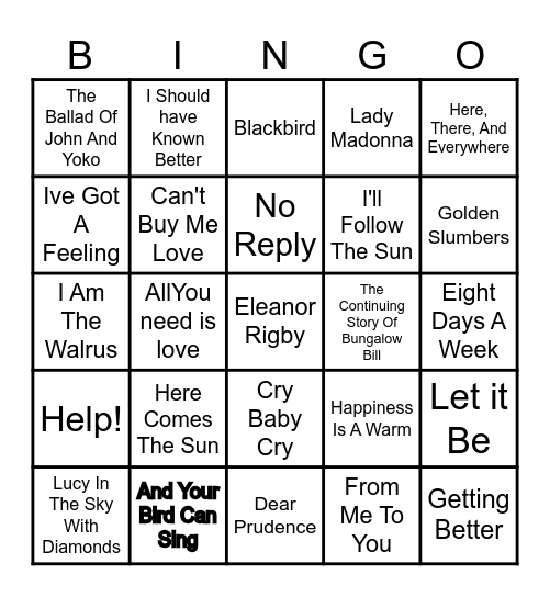 The Beatles Bingo Card