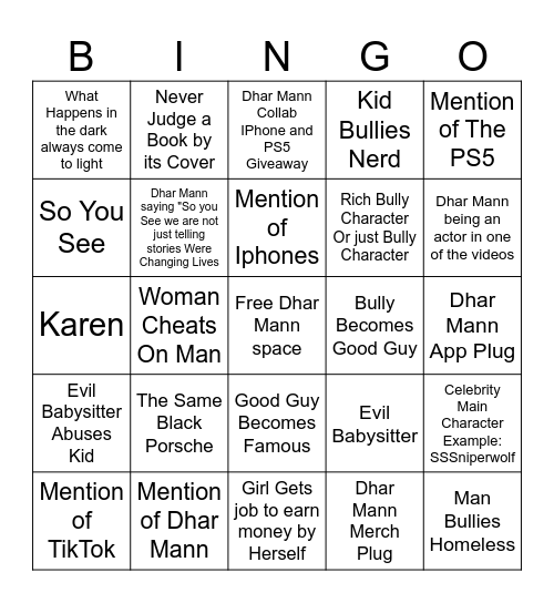 Sssniperwolf Bingo Card