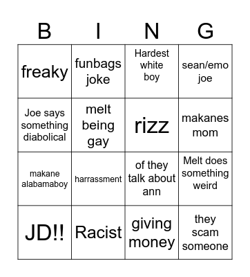 Family friendly bingo Card