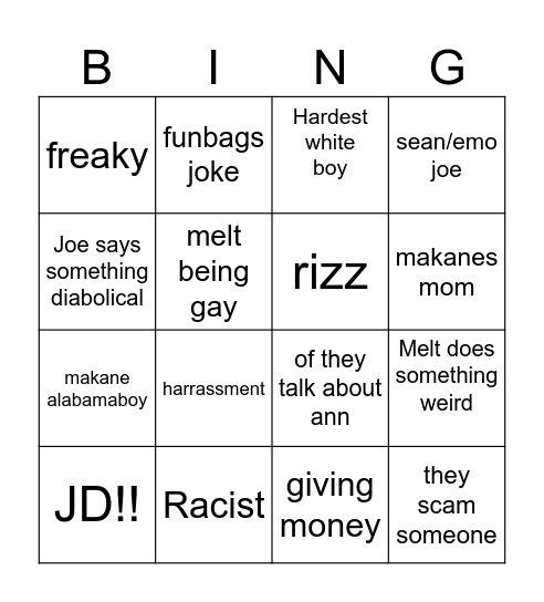 Family friendly bingo Card