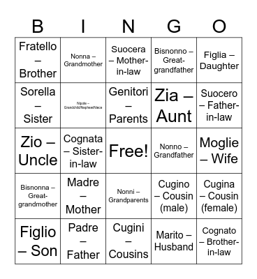 family Bingo Card