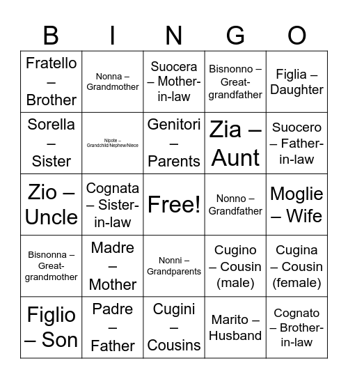 family Bingo Card