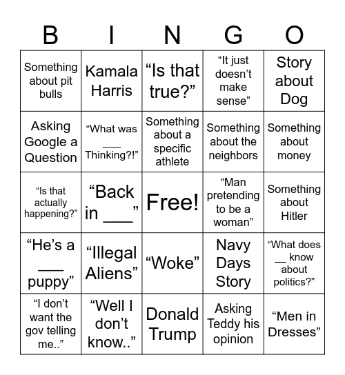 Hanson Household Bingo Card