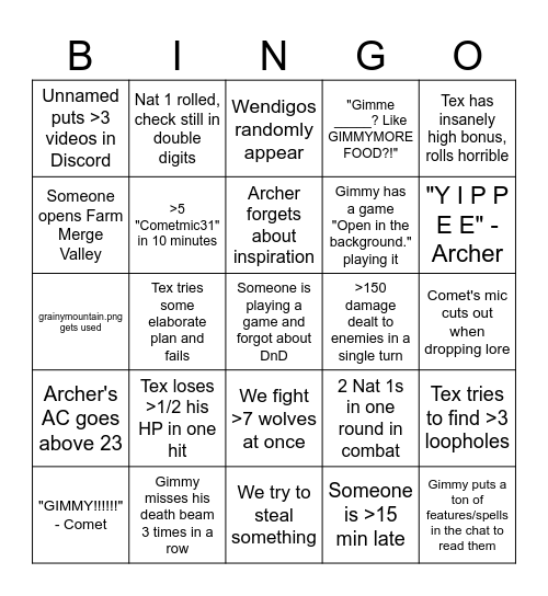 Comet's DnD Campaign Bingo 2.0 Bingo Card