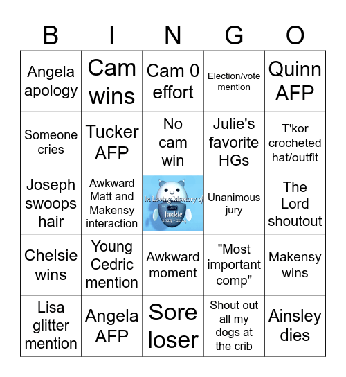 BB26 Finale Bingo Card