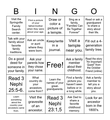 Family History Bingo Card