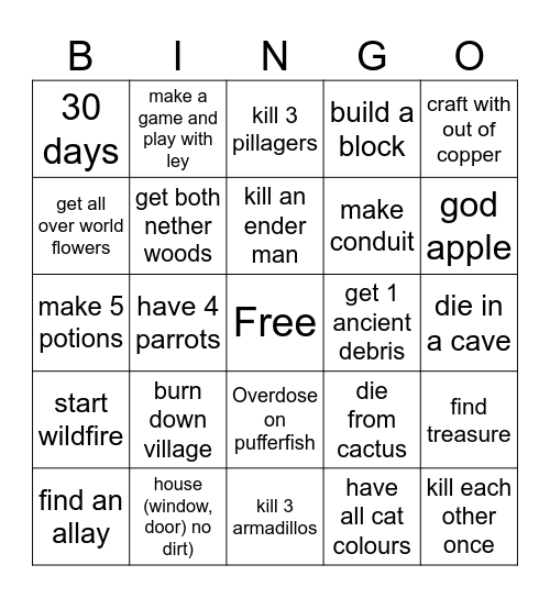 MINECWAFT Bingo Card