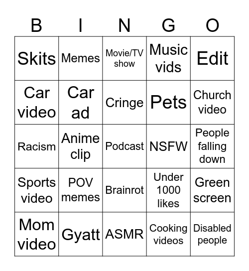 Instagram Bingo Card