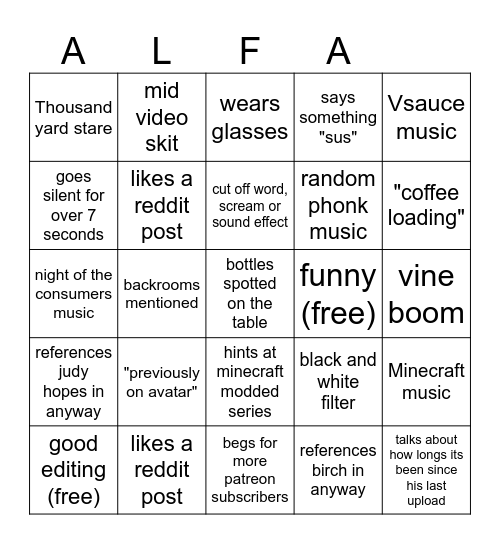 alfaoxtrot bingo Card