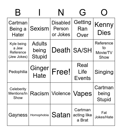 South Park Comp Bingo Card