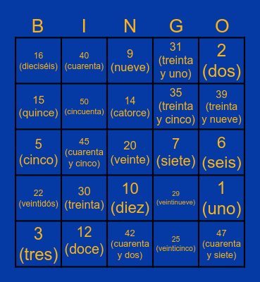 Spanish Numbers Bingo Card