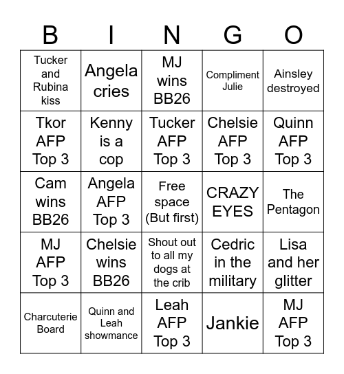 BB26 Finale Night Bingo Card