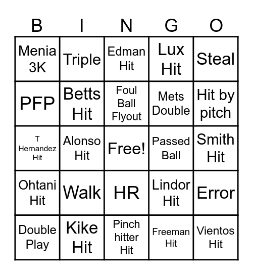 Dodgers Mets Game 1 Bingo Card