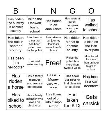 Transportation Bingo Card