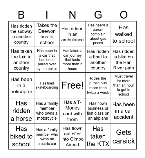 Transportation Bingo Card