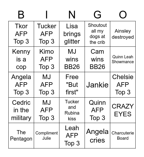 BB26 Finale Bingo Card