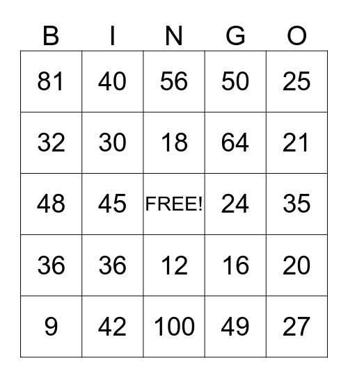 Multiplication Facts Bingo Card