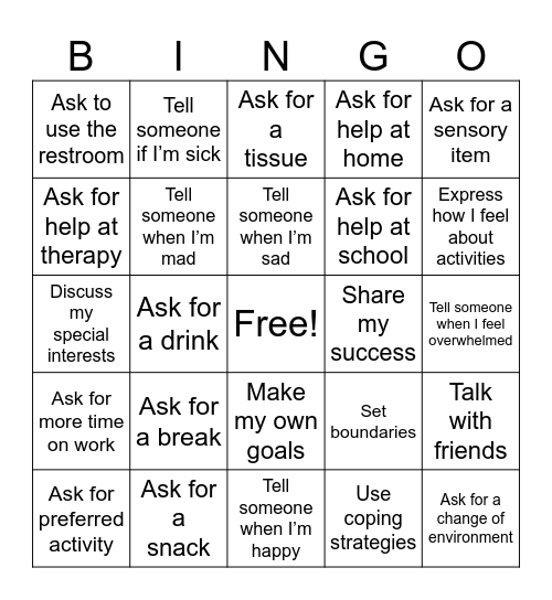 Self-Advocacy Bingo Card