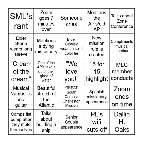 Sunday Night Zoom Bingo Card