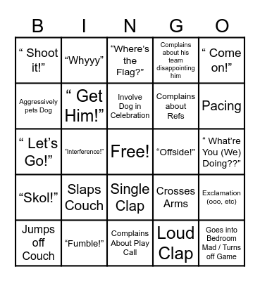 Sports Husband Bingo Card