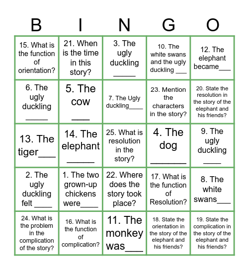 Comprehension Bingo Card