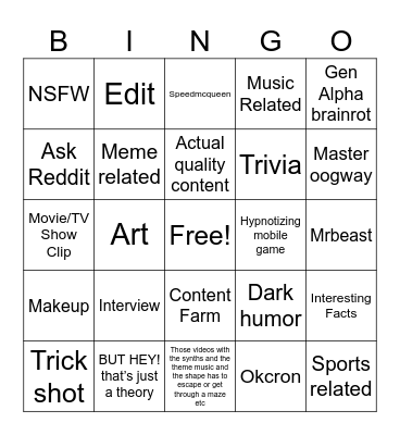 YT Short Bingo Card