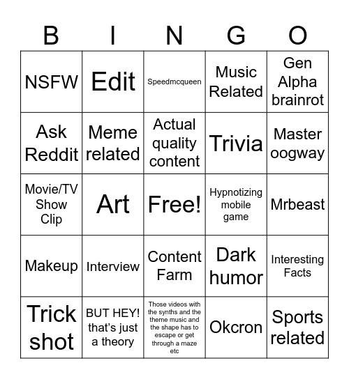 YT Short Bingo Card