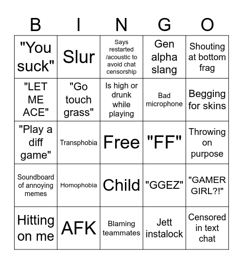 Toxic val teammate bingo Card