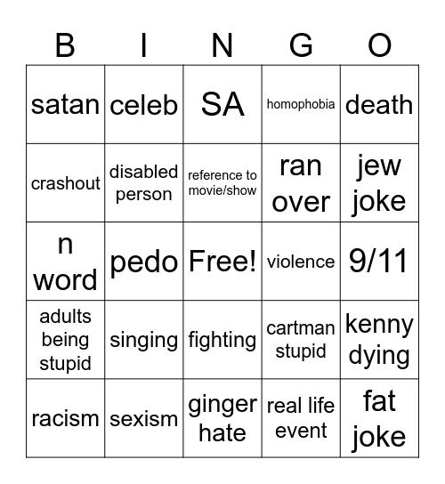 South Park Bingo Card