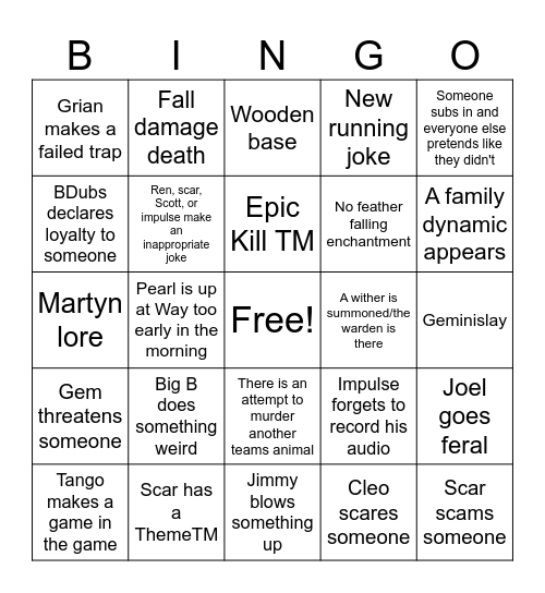 Life Series Bingo Card