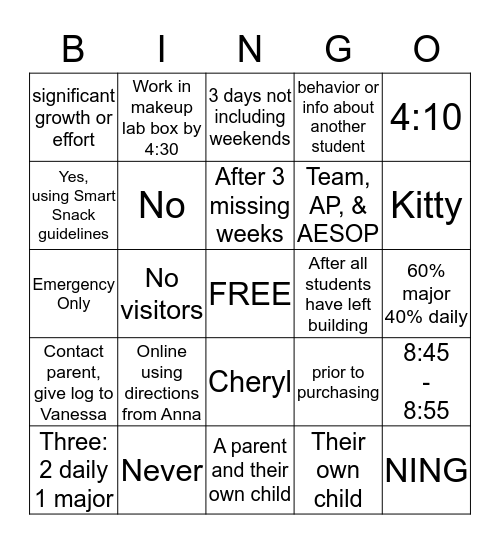 Keith Staff Handbook Bingo Card
