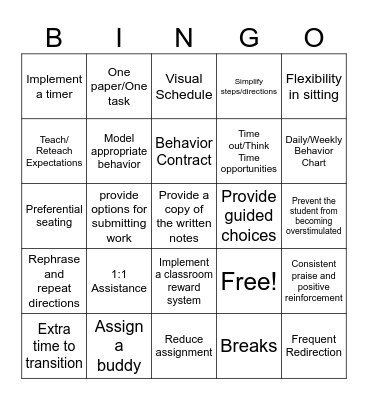 Tier 1 Attention/Behavior Accommodations Bingo Card