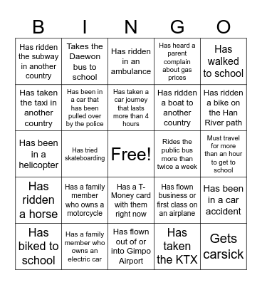 Transportation Bingo Card