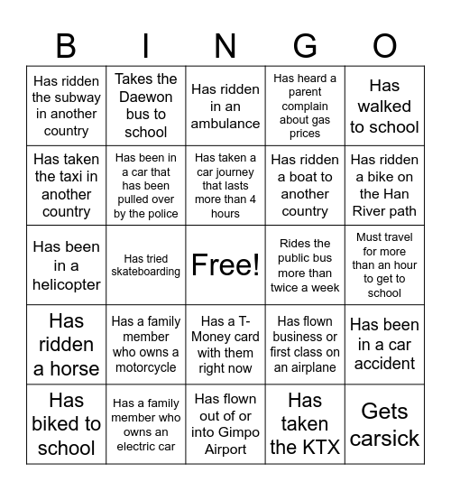 Transportation Bingo Card