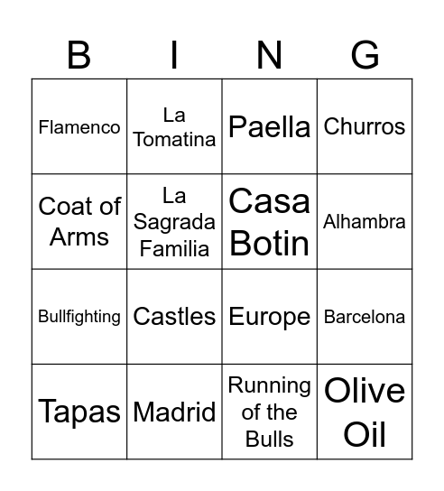 Spain Bingo Card