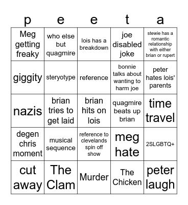 Family Guy Bingo Card