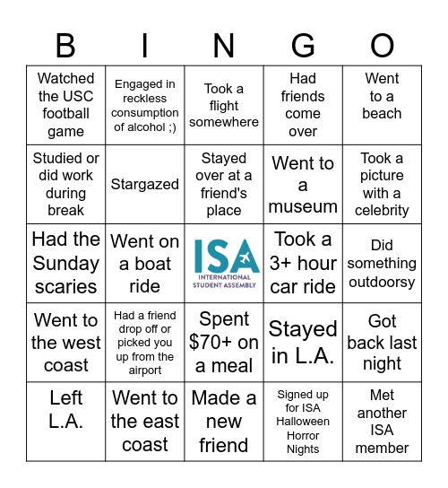 Fall Break Show & Tell Bingo Card