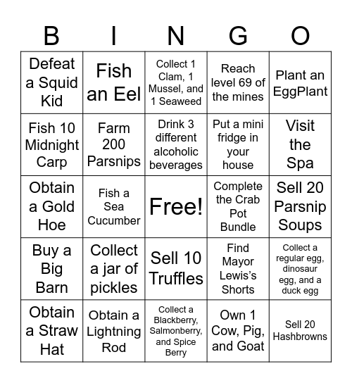 Stardew Valley Lockout Bingo Card