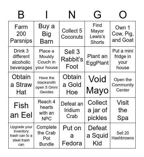 Stardew Valley Lockout Bingo Card