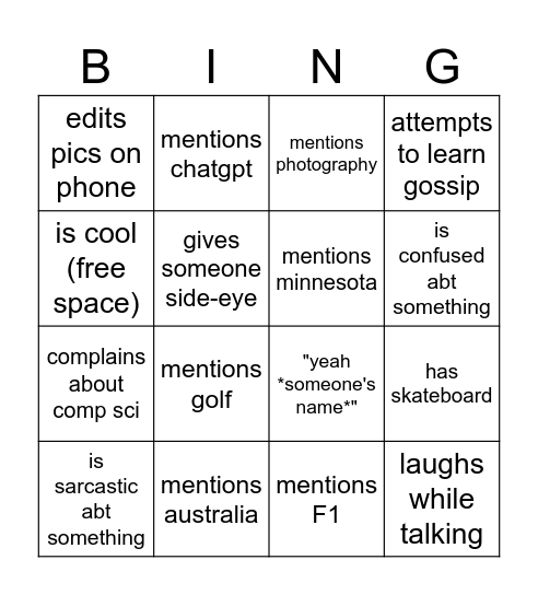 Nicole Bingo Card