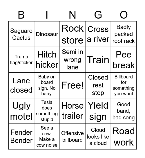 Road Trip Bingo Card