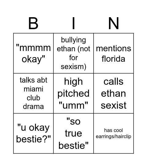 Jenna Bingo Card