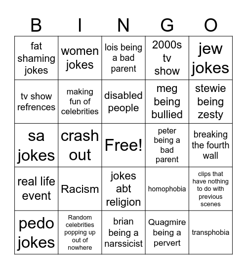 Family guy Bingo Card