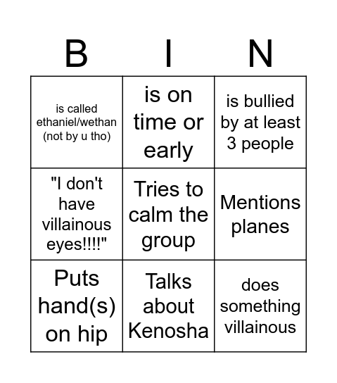 Ethan Bingo Card