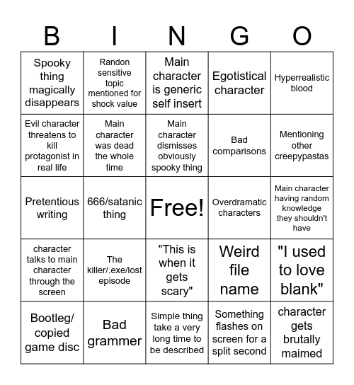 Creepypasta Bingo Card