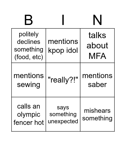 Sophia Bingo Card