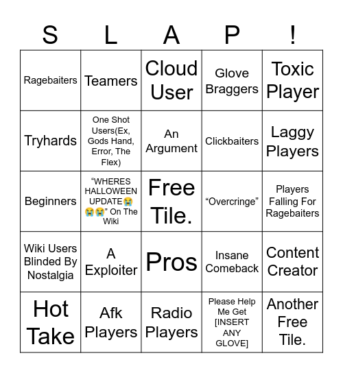 Slap Battles Bingo Card